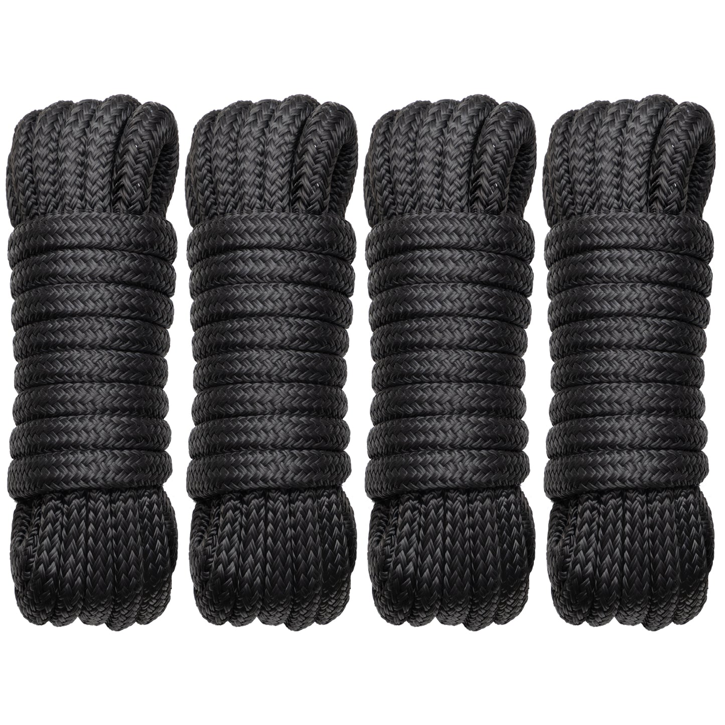 Boat Dock Lines Marine Rope - 1/2" x 15ft with Pre-Spliced 12" Loop Double Braided Nylon Ropes Bumper Tie Mooring Line for Boats Docking Pontoon Boating Accessories - 4 Pack Black