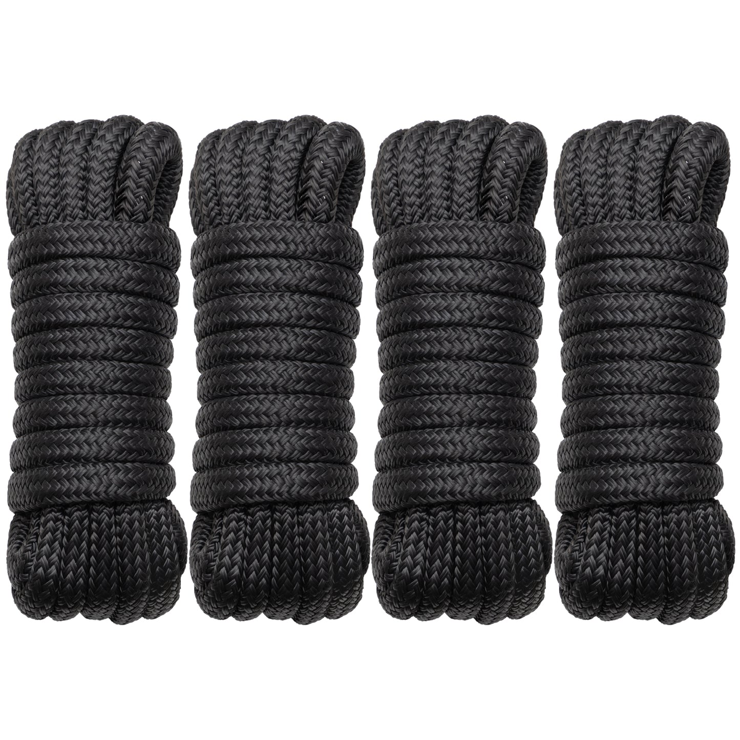 Boat Dock Lines Marine Rope - 1/2" x 15ft with Pre-Spliced 12" Loop Double Braided Nylon Ropes Bumper Tie Mooring Line for Boats Docking Pontoon Boating Accessories - 4 Pack Black