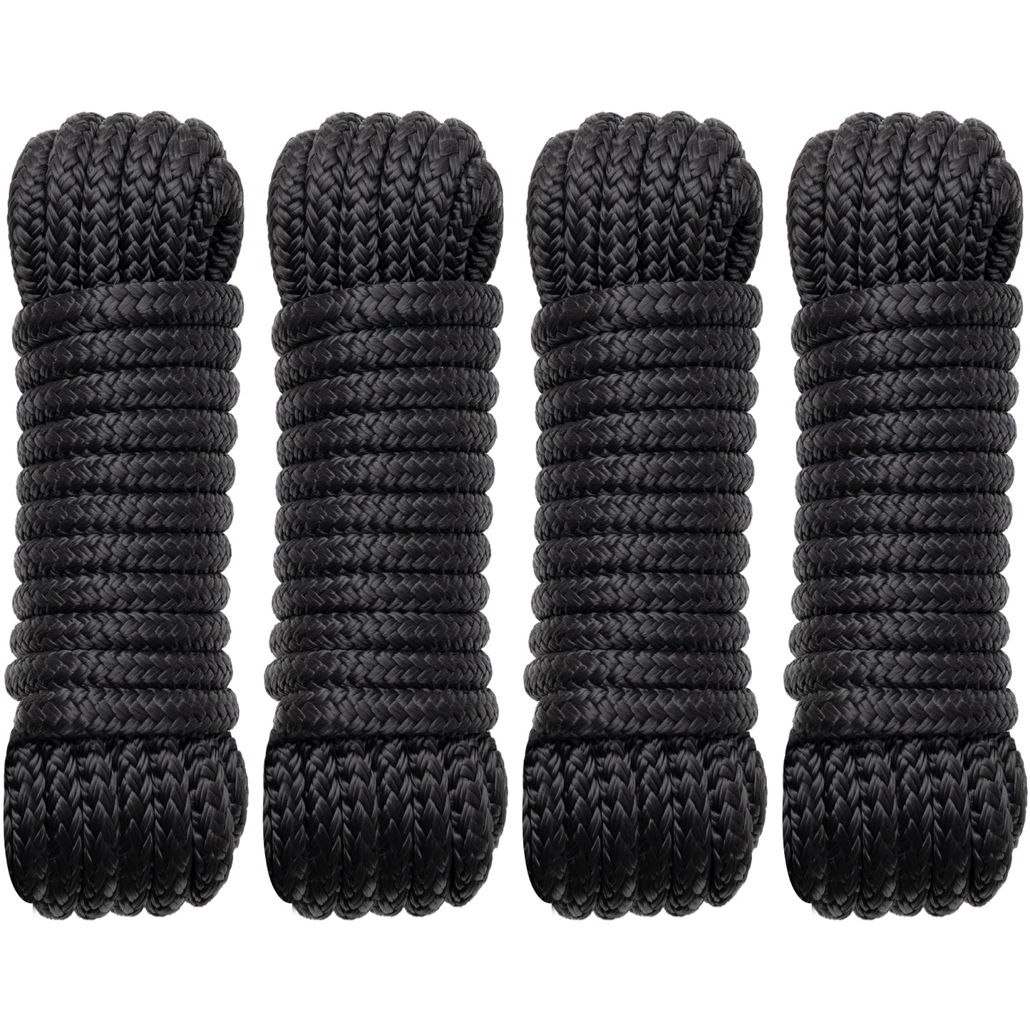 Boat Dock Lines Marine Rope - 1/2" x 15ft with Pre-Spliced 12" Loop Double Braided Nylon Ropes Bumper Tie Mooring Line for Boats Docking Pontoon Boating Accessories - 4 Pack Black
