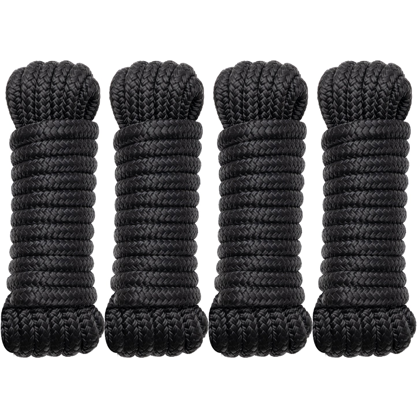 Boat Dock Lines Marine Rope - 1/2" x 15ft with Pre-Spliced 12" Loop Double Braided Nylon Ropes Bumper Tie Mooring Line for Boats Docking Pontoon Boating Accessories - 4 Pack Black