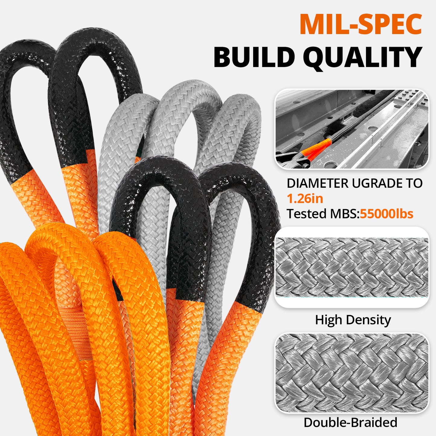 Kinetic Recovery Tow Rope: 1.26" x 30ft 55000LBS Snatch Strap with Soft Shackles Heavy Duty Offroad Towing Straps Kit for Trucks SUV UTV ATV Tractor Car Jeep - Black