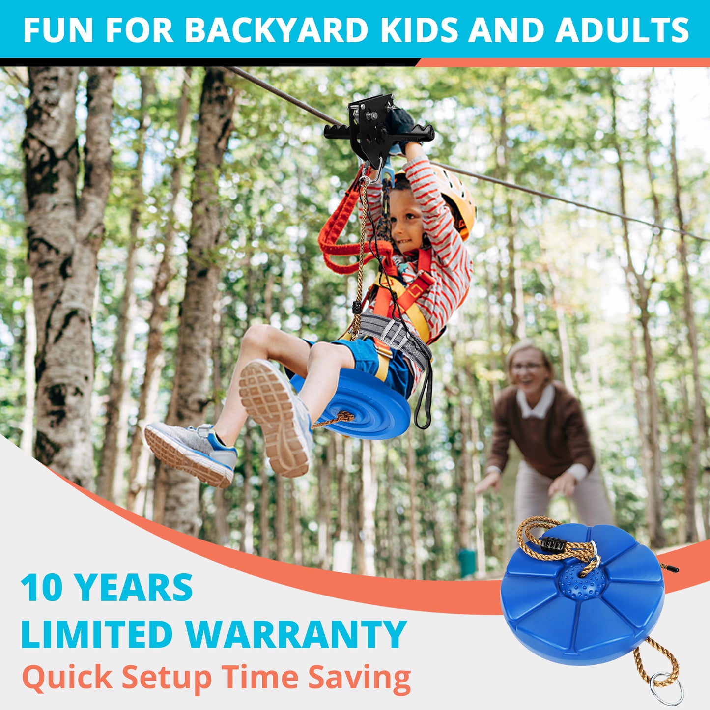 Zip Line Kit for Kids Adults : 76FT/100FT/120FT/ 150FT/ 200FT/ 250FT Quick Setup Zipline for Backyard Outdoor with 100% Rust Proof Removable Trolley Ratchet System Swing Seat Safety Belt Spring Brake