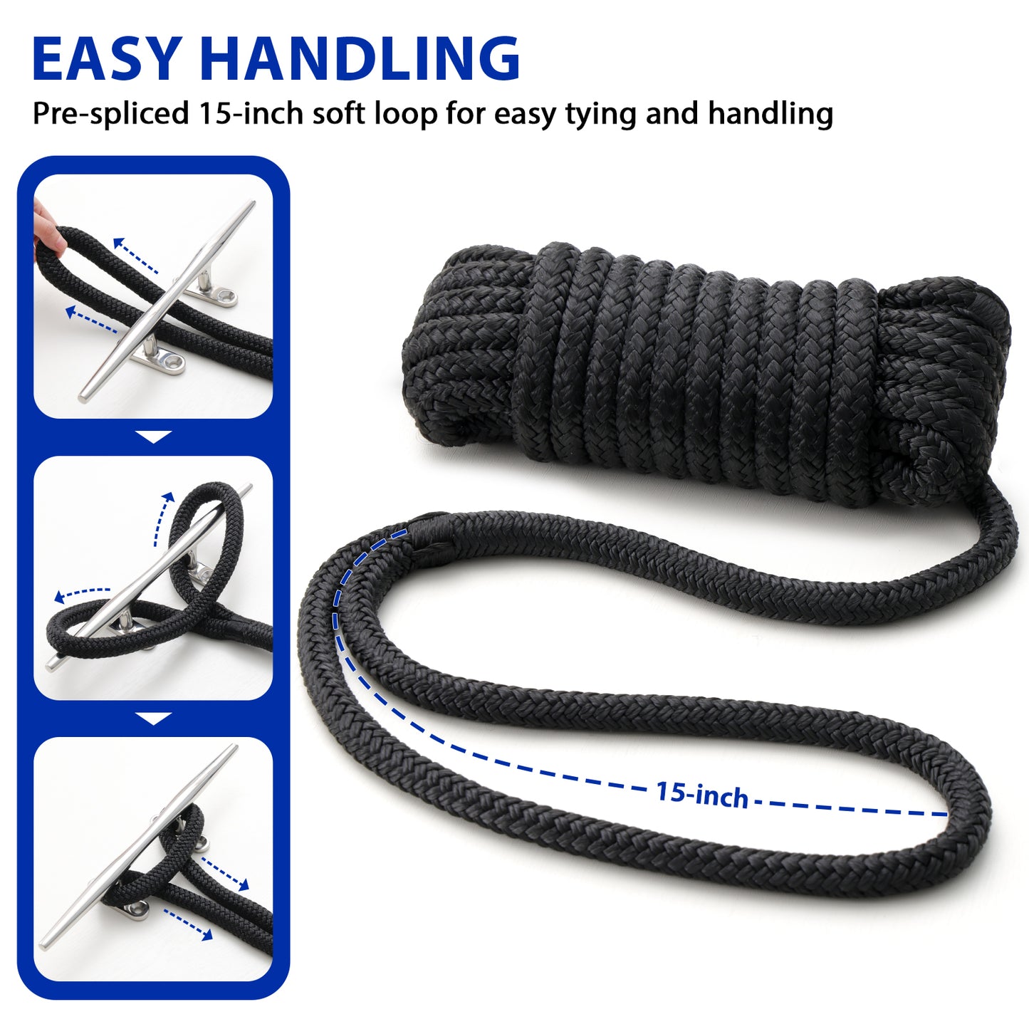 Boat Dock Lines Marine Rope - 1/2" x 15ft with Pre-Spliced 12" Loop Double Braided Nylon Ropes Bumper Tie Mooring Line for Boats Docking Pontoon Boating Accessories - 4 Pack Black