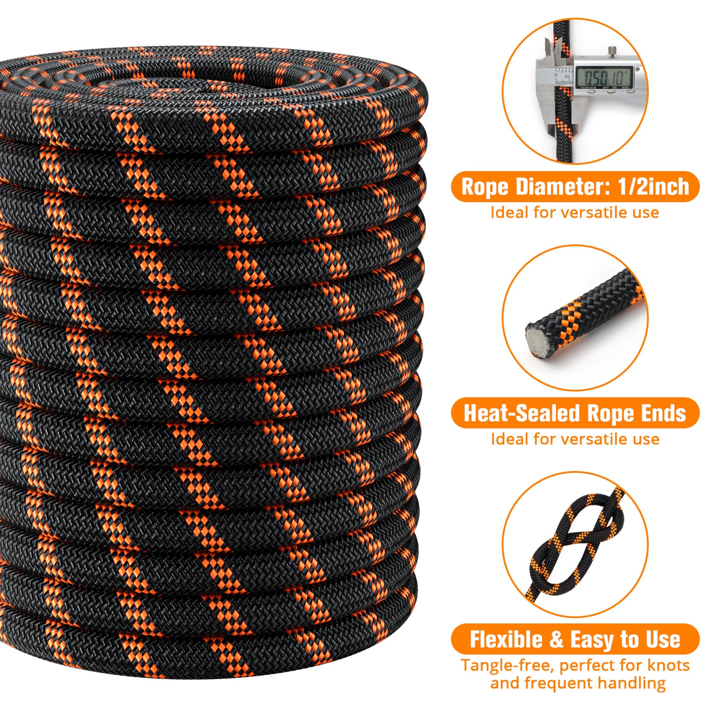 Double Braided Arborist Rigging Rope - 3/8 in X 100 ft 48 Strands Outdoor Pulling Heavy Duty Polyester Bull Rope for Swing Tree Work Camping Rescue Hiking - Orange