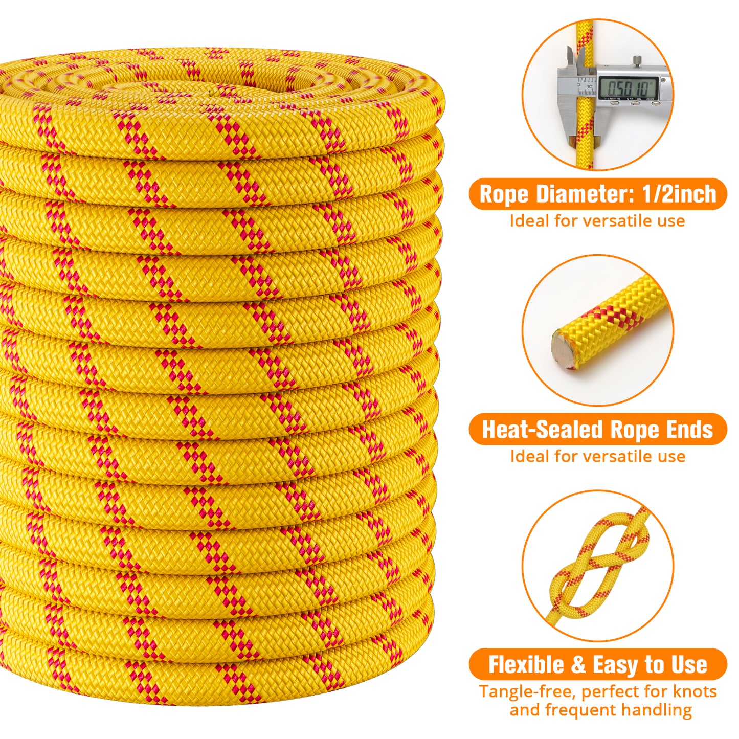 Double Braided Arborist Rigging Rope - 3/8 in X 100 ft 48 Strands Outdoor Pulling Heavy Duty Polyester Bull Rope for Swing Tree Work Camping Rescue Hiking - Orange