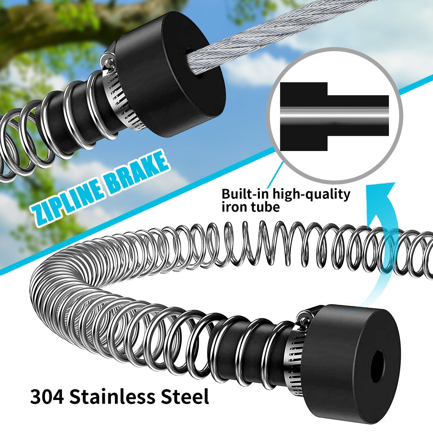 Zip Line Kit for Kids Adults : 76FT/100FT/120FT/ 150FT/ 200FT/ 250FT Quick Setup Zipline for Backyard Outdoor with 100% Rust Proof Removable Trolley Ratchet System Swing Seat Safety Belt Spring Brake