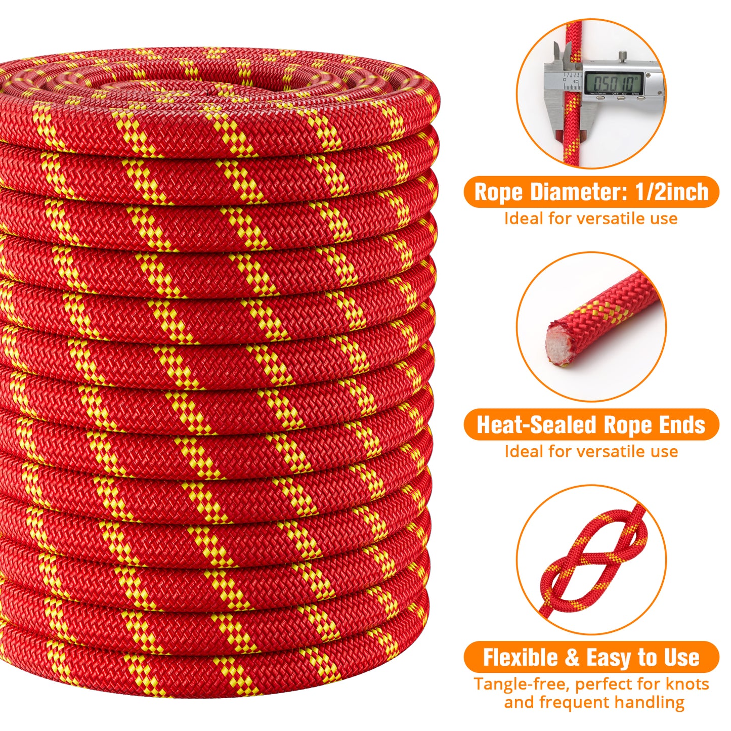 Double Braided Arborist Rigging Rope - 3/8 in X 100 ft 48 Strands Outdoor Pulling Heavy Duty Polyester Bull Rope for Swing Tree Work Camping Rescue Hiking - Orange