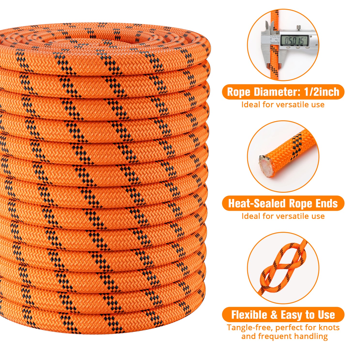 Double Braided Arborist Rigging Rope - 3/8 in X 100 ft 48 Strands Outdoor Pulling Heavy Duty Polyester Bull Rope for Swing Tree Work Camping Rescue Hiking - Orange