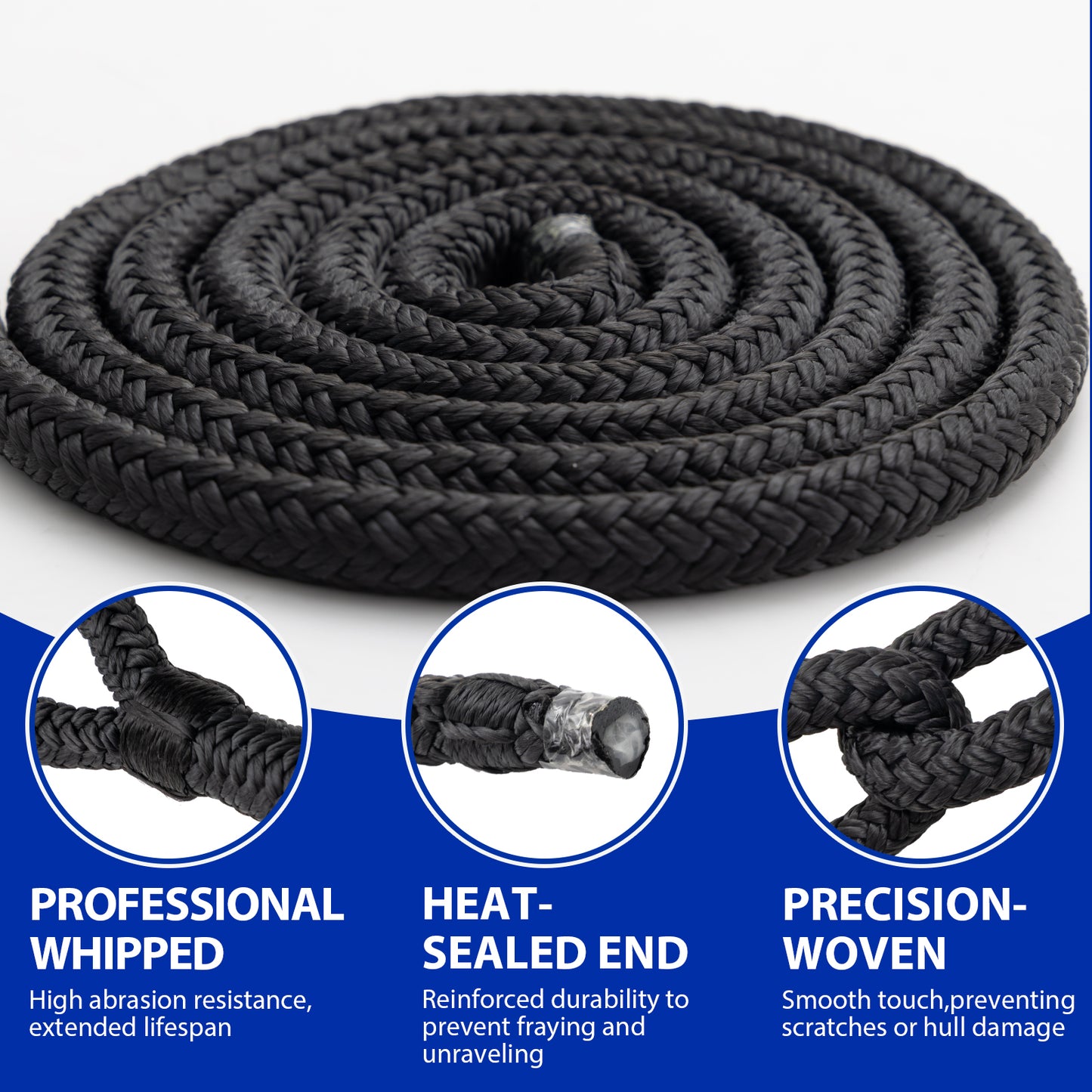 Boat Dock Lines Marine Rope - 1/2" x 15ft with Pre-Spliced 12" Loop Double Braided Nylon Ropes Bumper Tie Mooring Line for Boats Docking Pontoon Boating Accessories - 4 Pack Black