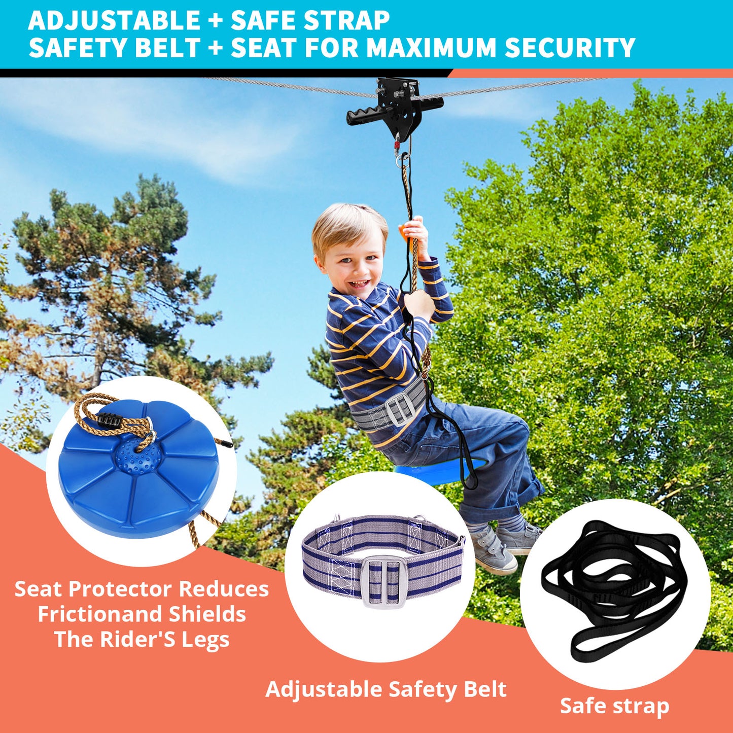 Zip Line Kit for Kids Adults : 76FT/100FT/120FT/ 150FT/ 200FT/ 250FT Quick Setup Zipline for Backyard Outdoor with 100% Rust Proof Removable Trolley Ratchet System Swing Seat Safety Belt Spring Brake