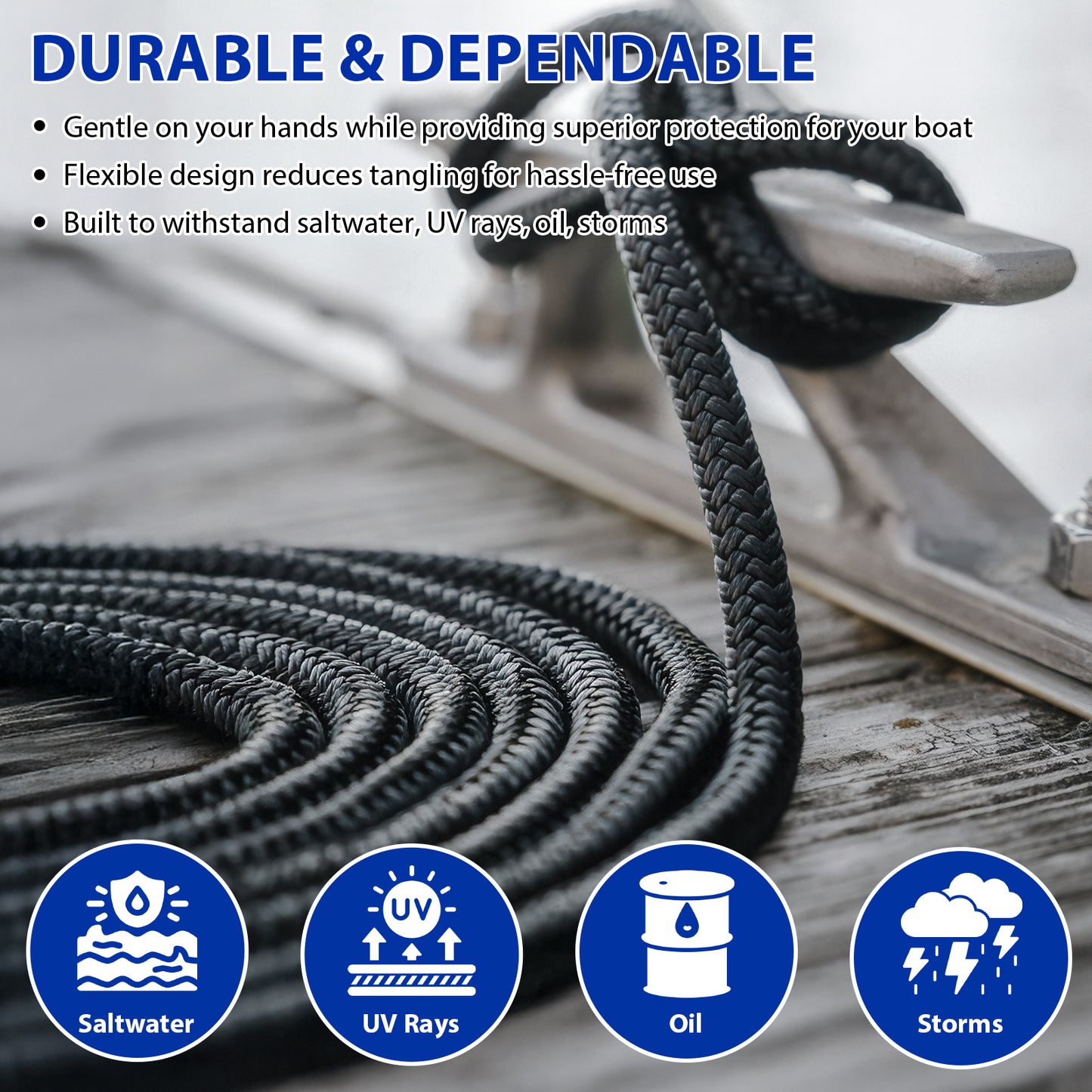 Boat Dock Lines Marine Rope - 1/2" x 15ft with Pre-Spliced 12" Loop Double Braided Nylon Ropes Bumper Tie Mooring Line for Boats Docking Pontoon Boating Accessories - 4 Pack Black
