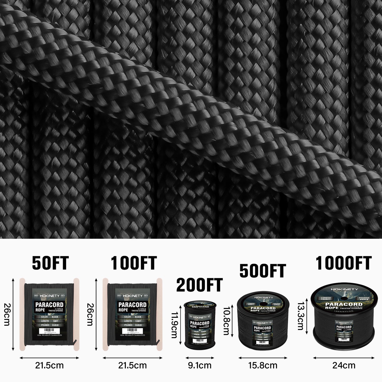 Paracord Rope 550 lb - 4MM 100ft / 200ft / 500ft / 1000ft Heavy-Duty Parachute Spool para Cord Lanyard - Outdoor Gear for Tent, Camping, Clothesline, Hiking, Fishing, Survival Bracelet