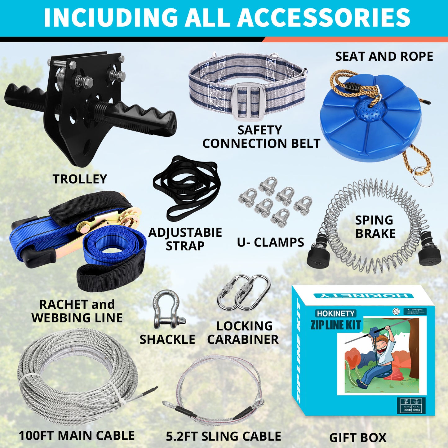 Zip Line Kit for Kids Adults : 76FT/100FT/120FT/ 150FT/ 200FT/ 250FT Quick Setup Zipline for Backyard Outdoor with 100% Rust Proof Removable Trolley Ratchet System Swing Seat Safety Belt Spring Brake