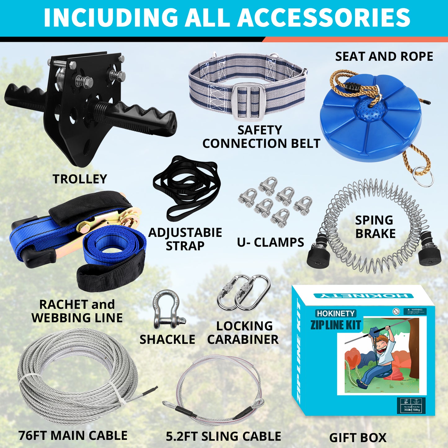 Zip Line Kit for Kids Adults : 76FT/100FT/120FT/ 150FT/ 200FT/ 250FT Quick Setup Zipline for Backyard Outdoor with 100% Rust Proof Removable Trolley Ratchet System Swing Seat Safety Belt Spring Brake