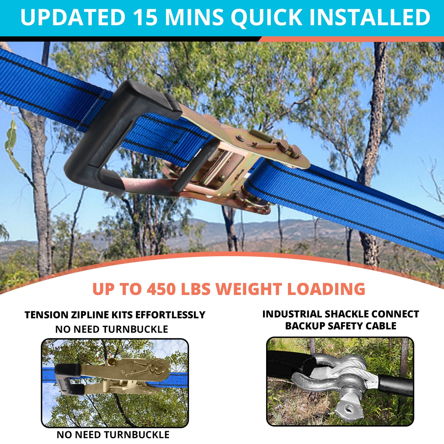 Zip Line Kit for Kids Adults : 76FT/100FT/120FT/ 150FT/ 200FT/ 250FT Quick Setup Zipline for Backyard Outdoor with 100% Rust Proof Removable Trolley Ratchet System Swing Seat Safety Belt Spring Brake