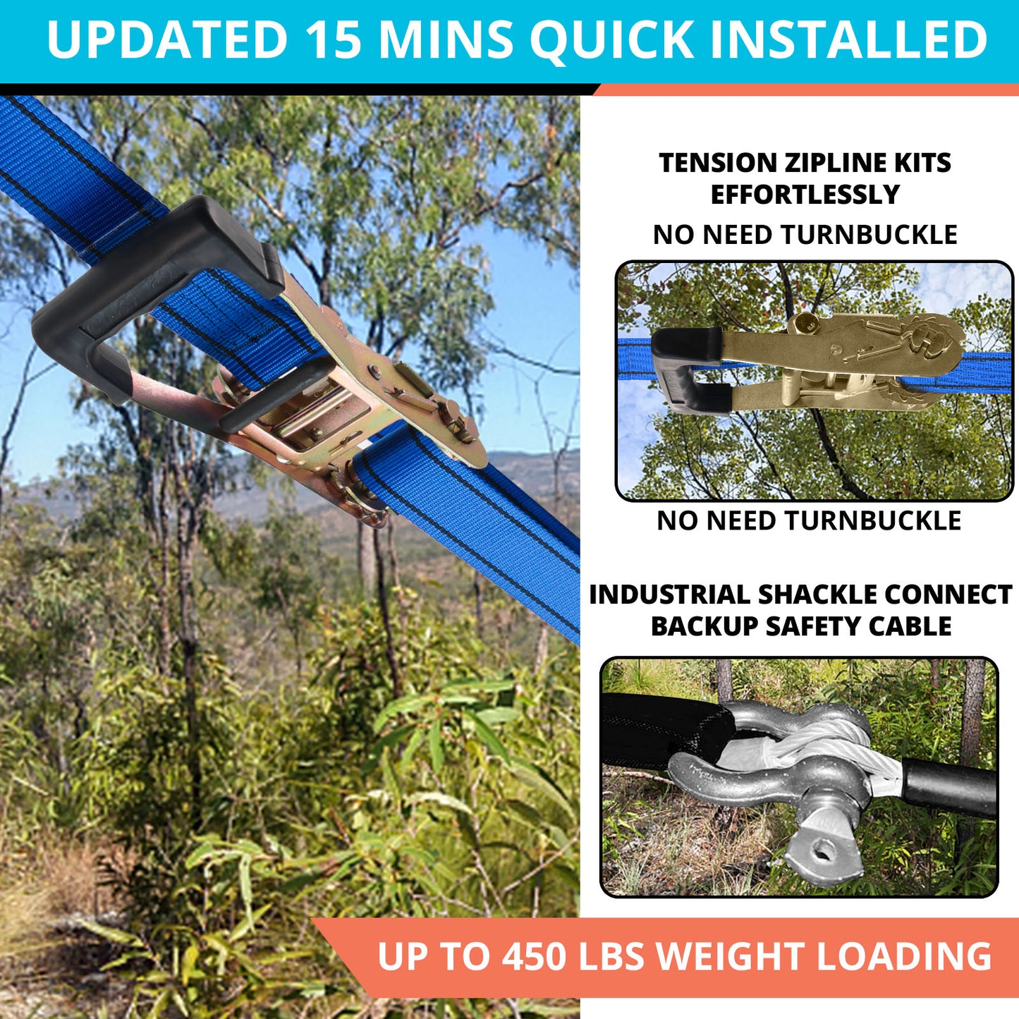 Zip Line Kit for Kids Adults : 76FT/100FT/120FT/ 150FT/ 200FT/ 250FT Quick Setup Zipline for Backyard Outdoor with 100% Rust Proof Removable Trolley Ratchet System Swing Seat Safety Belt Spring Brake