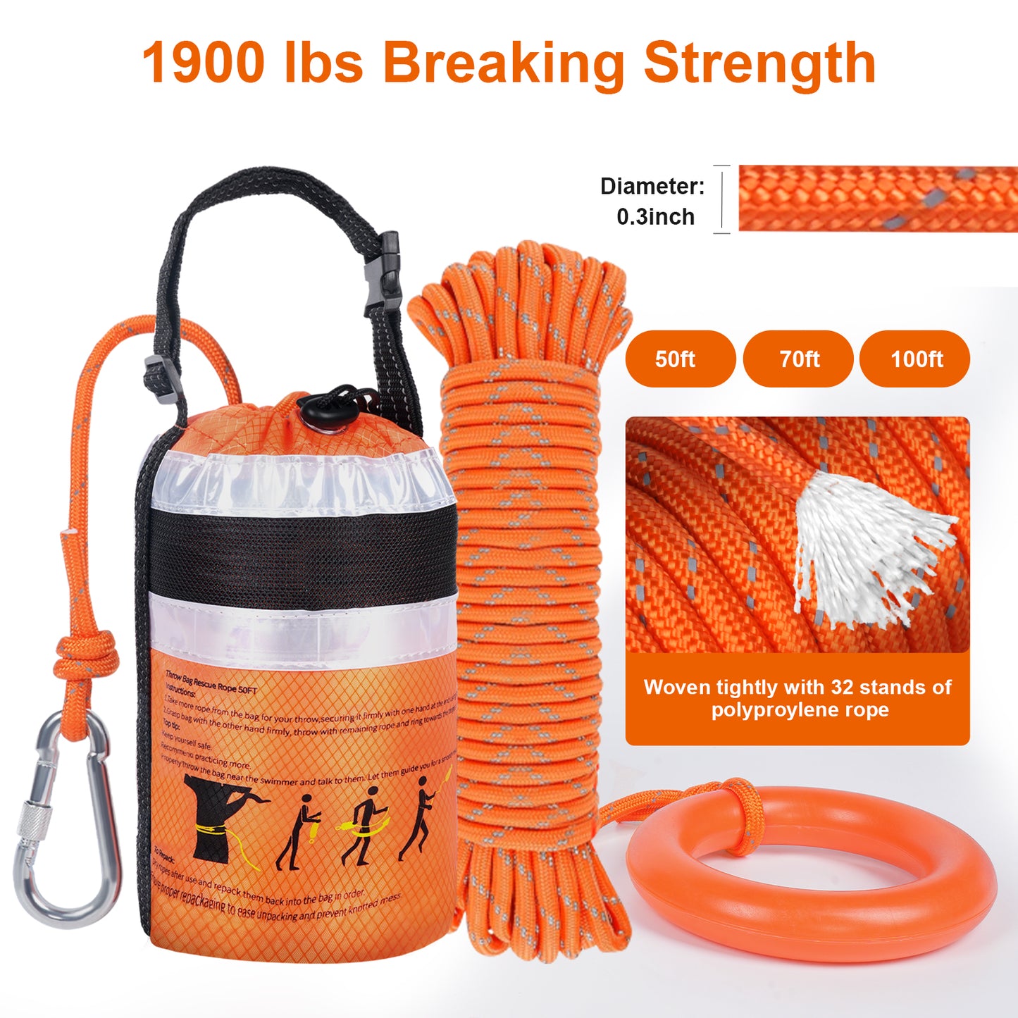 Water Rescue Throw Bag - 3/10 Inch Rope with 50FT /70FT/100FT Length Up to 1900lbs Tensile Strength Throwable Flotation Device - Emergency Safety Equipment for Kayak Raft Boat