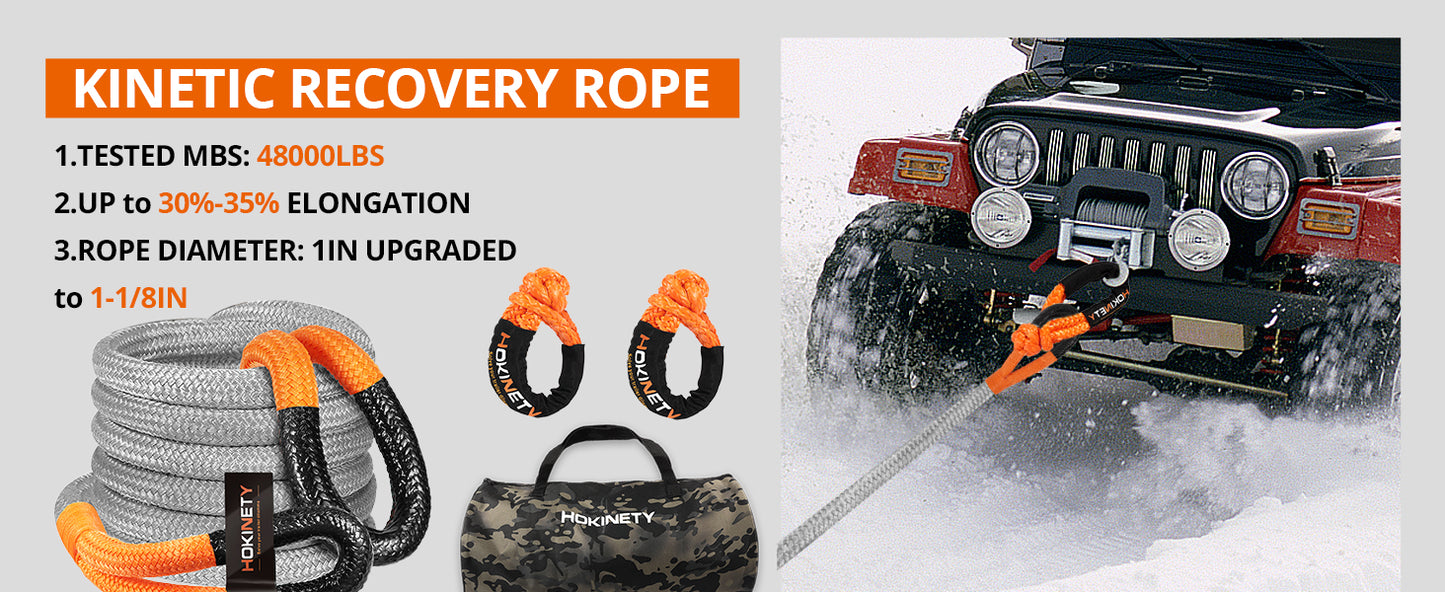 Kinetic Recovery Tow Rope: 1.26" x 30ft 55000LBS Snatch Strap with Soft Shackles Heavy Duty Offroad Towing Straps Kit for Trucks SUV UTV ATV Tractor Car Jeep - Black