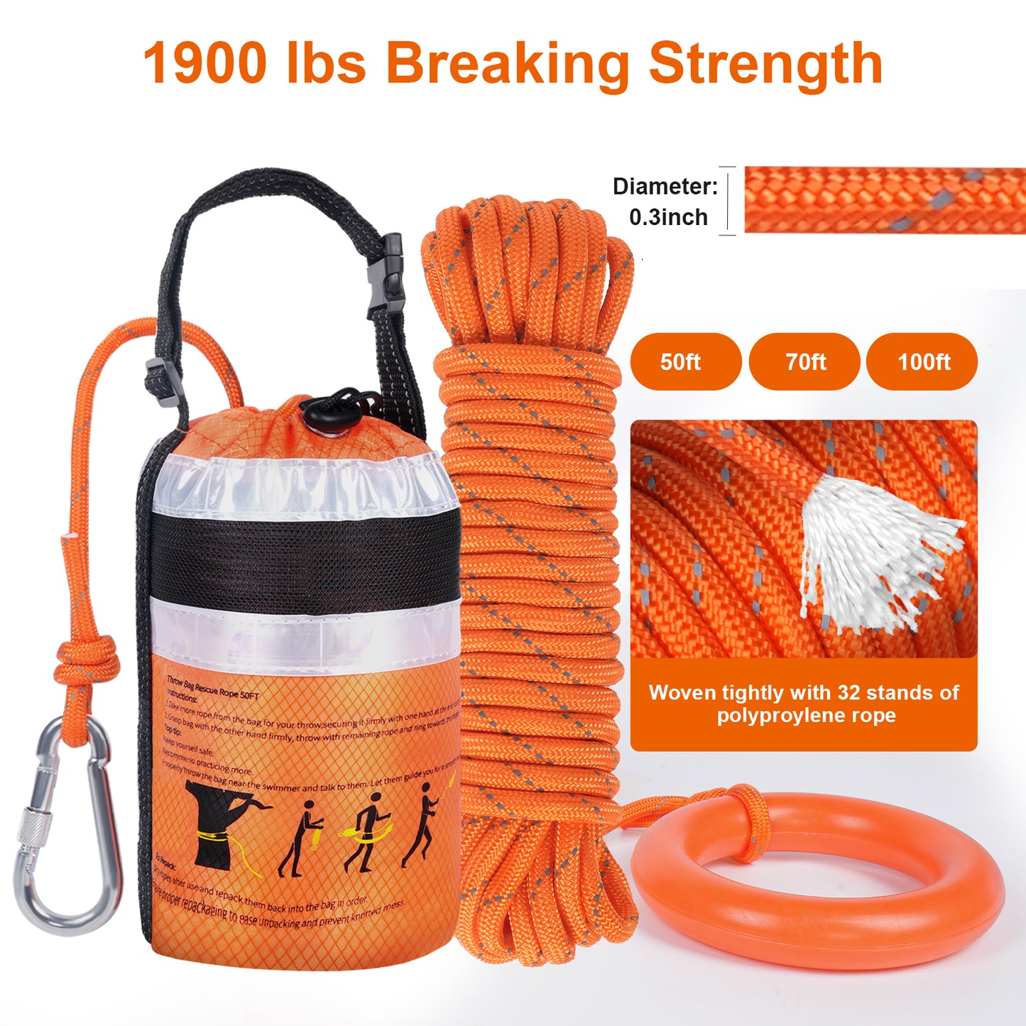 Water Rescue Throw Bag - 3/10 Inch Rope with 50FT /70FT/100FT Length Up to 1900lbs Tensile Strength Throwable Flotation Device - Emergency Safety Equipment for Kayak Raft Boat