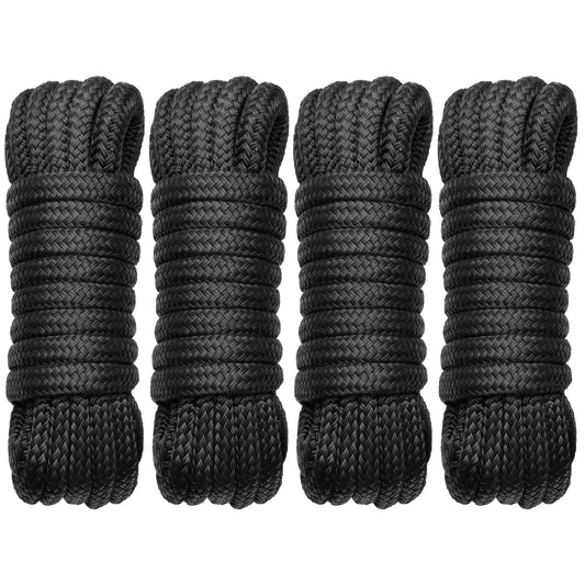 Boat Dock Lines Marine Rope - 1/2" x 15ft with Pre-Spliced 12" Loop Double Braided Nylon Ropes Bumper Tie Mooring Line for Boats Docking Pontoon Boating Accessories - 4 Pack Black