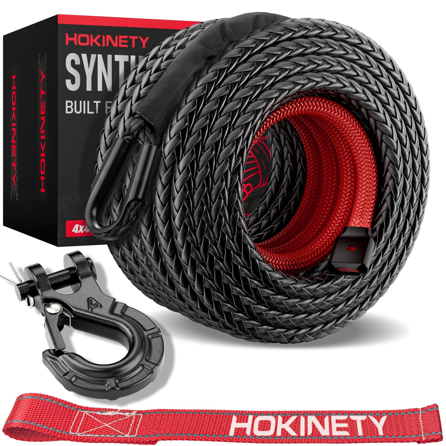 Synthetic Winch Rope Kit - 1/4" x 50' 10000 lbs Synthetic Winch Cable for ATV UTV Off-Road Vehicles with Forged Hook, Rubber Stopper, Protective Sleeve and Safety Pull Strap - Grey