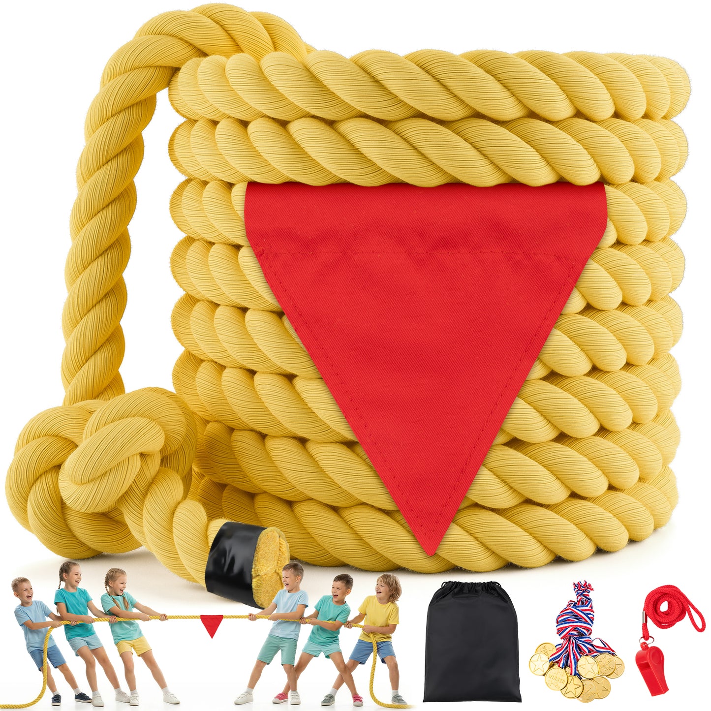 Tug of War Rope for Kids & Adults - 20ft Soft Cotton Outdoor Pulling Rope with Flag for Team Building Activities Field Day Family Reunions Birthday Parties Camping Games- Orange