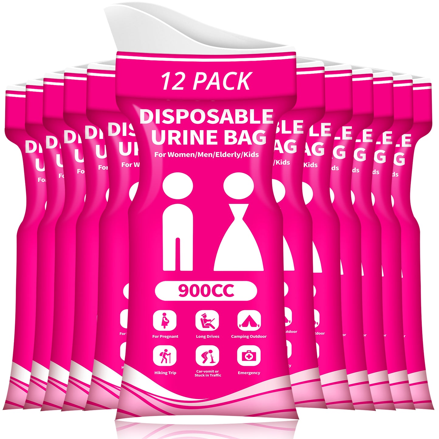 Disposable Urine Bag for Travel - 900ML Portable Pee Bags for Women Men 12 PCS Emergency Vomit Bags Unisex Toilet Urinal for Car Camping, Road Trip,Traffic Jams, Pregnant, Kids, Patient - Fuchsia