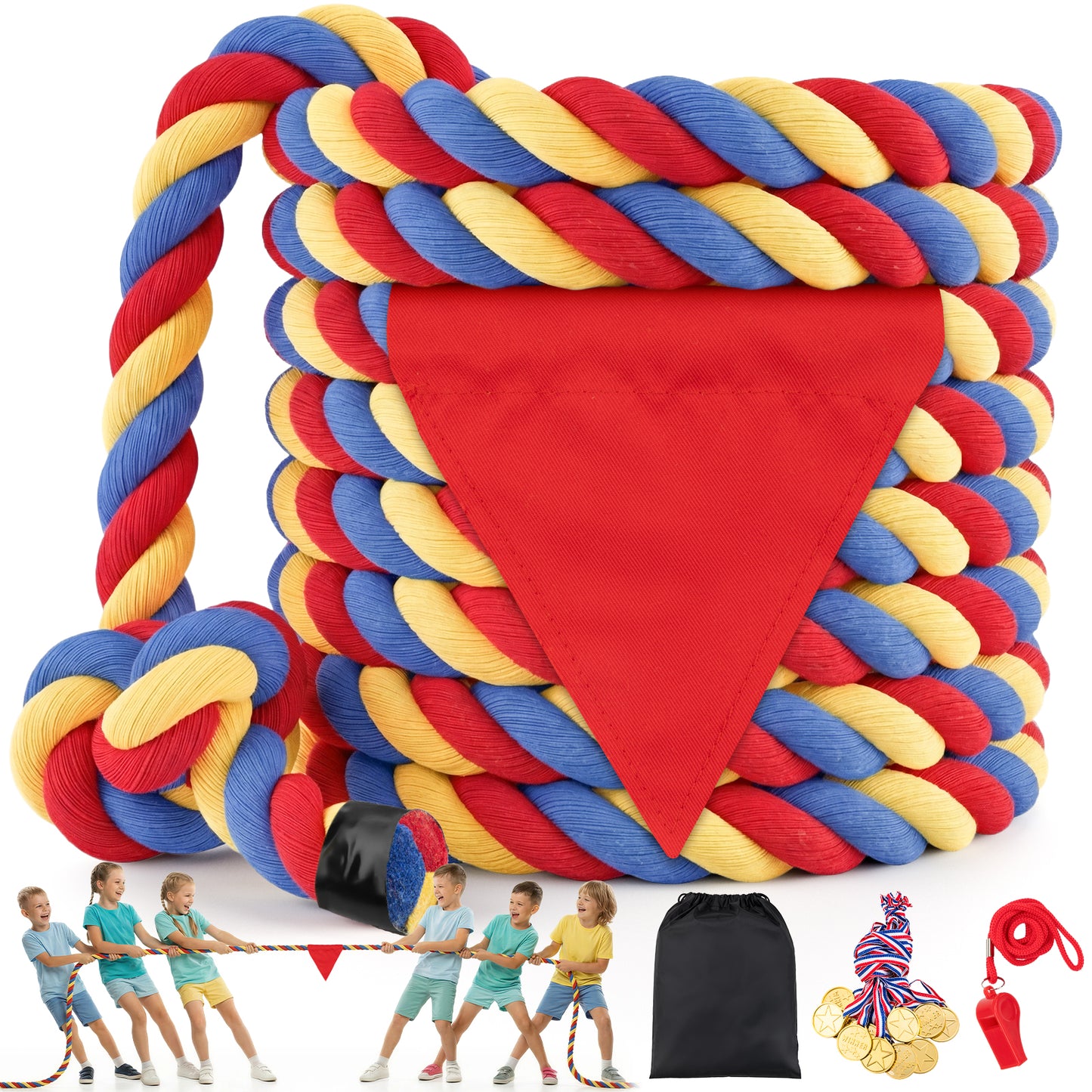 Tug of War Rope for Kids & Adults - 20ft Soft Cotton Outdoor Pulling Rope with Flag for Team Building Activities Field Day Family Reunions Birthday Parties Camping Games- Orange