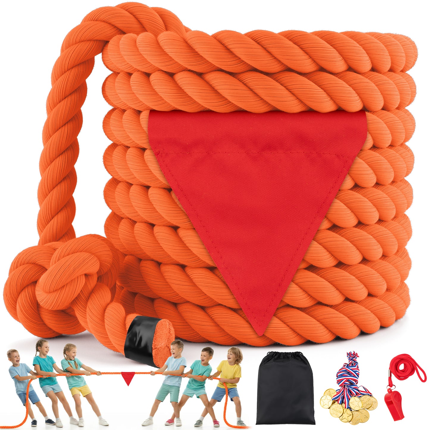 Tug of War Rope for Kids & Adults - 20ft Soft Cotton Outdoor Pulling Rope with Flag for Team Building Activities Field Day Family Reunions Birthday Parties Camping Games- Orange