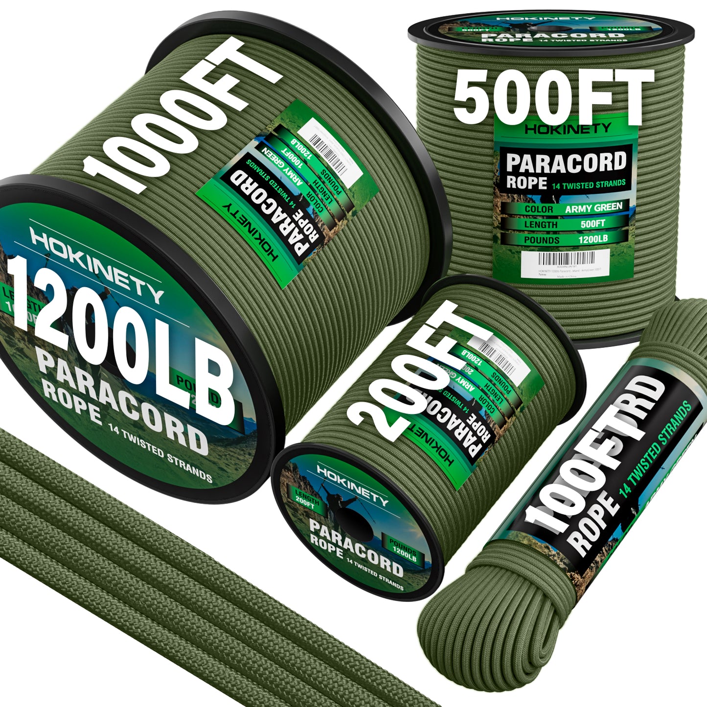 1200 Paracord Rope - 4.4mm 14 Strand Nylon Parachute Spool para Cord Lanyard for Outdoor Camping Survival Utility Tent Crafting DIY Projects Fishing Clothsline Bracelet - ArmyGreen