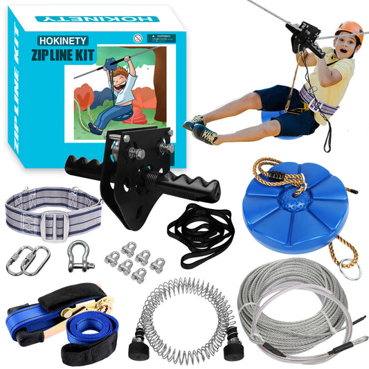 Zip Line Kit for Kids Adults : 76FT/100FT/120FT/ 150FT/ 200FT/ 250FT Quick Setup Zipline for Backyard Outdoor with 100% Rust Proof Removable Trolley Ratchet System Swing Seat Safety Belt Spring Brake