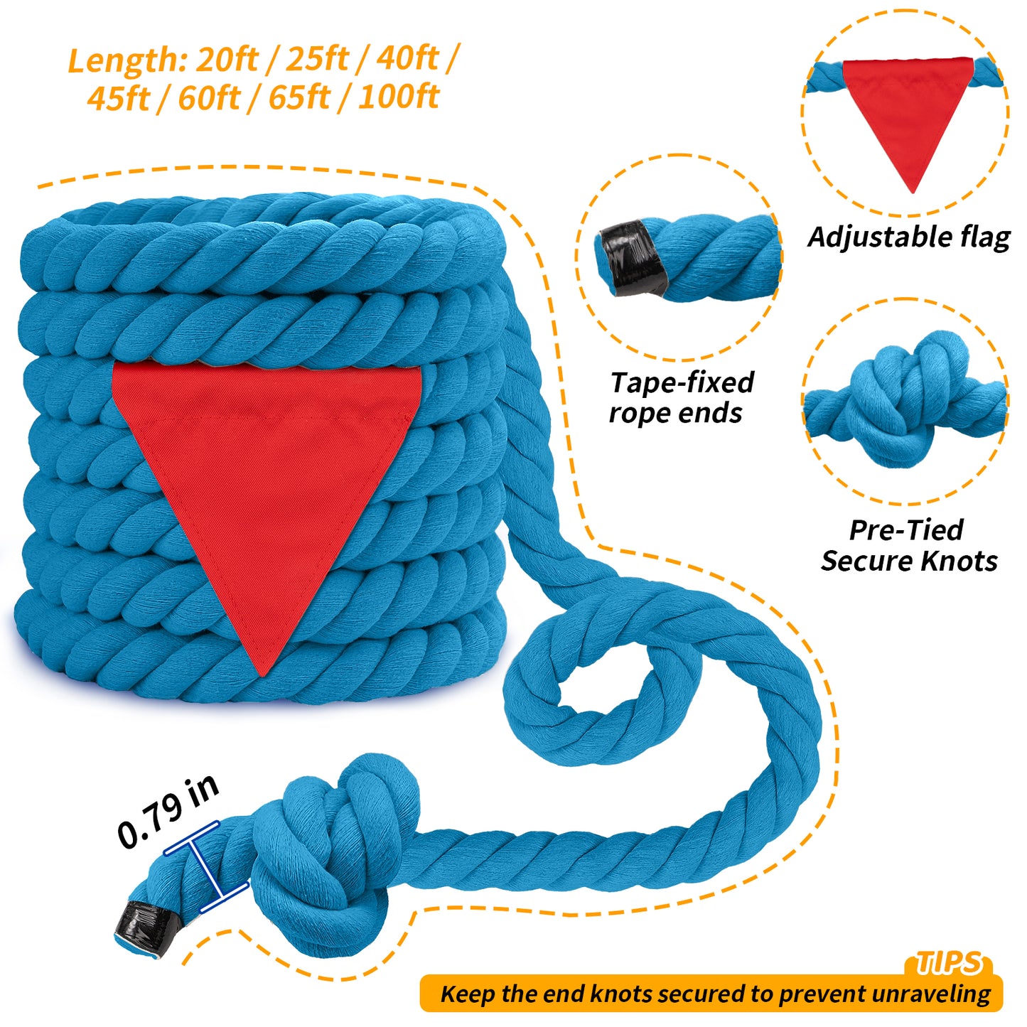 Tug of War Rope for Kids & Adults - 20ft Soft Cotton Outdoor Pulling Rope with Flag for Team Building Activities Field Day Family Reunions Birthday Parties Camping Games- Orange