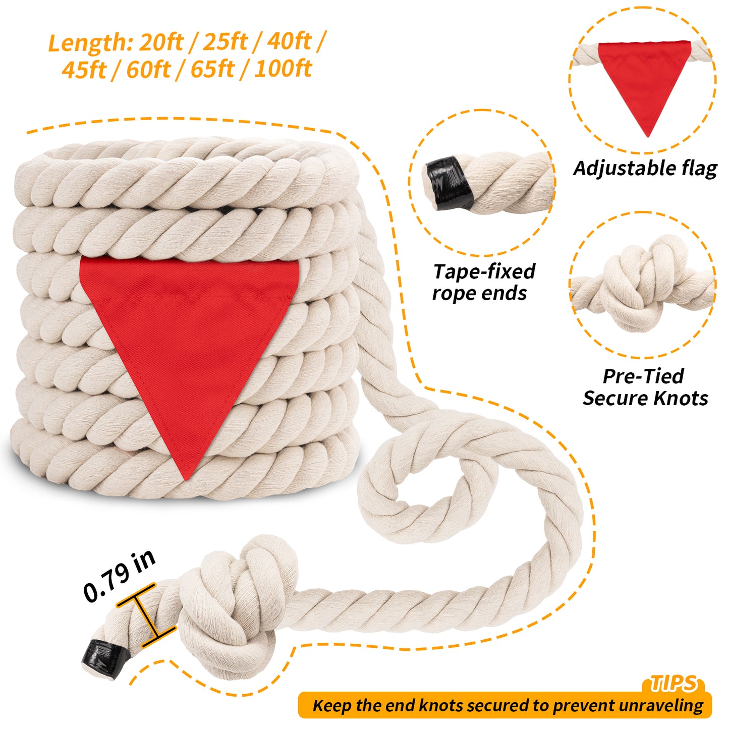 Tug of War Rope for Kids & Adults - 20ft Soft Cotton Outdoor Pulling Rope with Flag for Team Building Activities Field Day Family Reunions Birthday Parties Camping Games- Orange