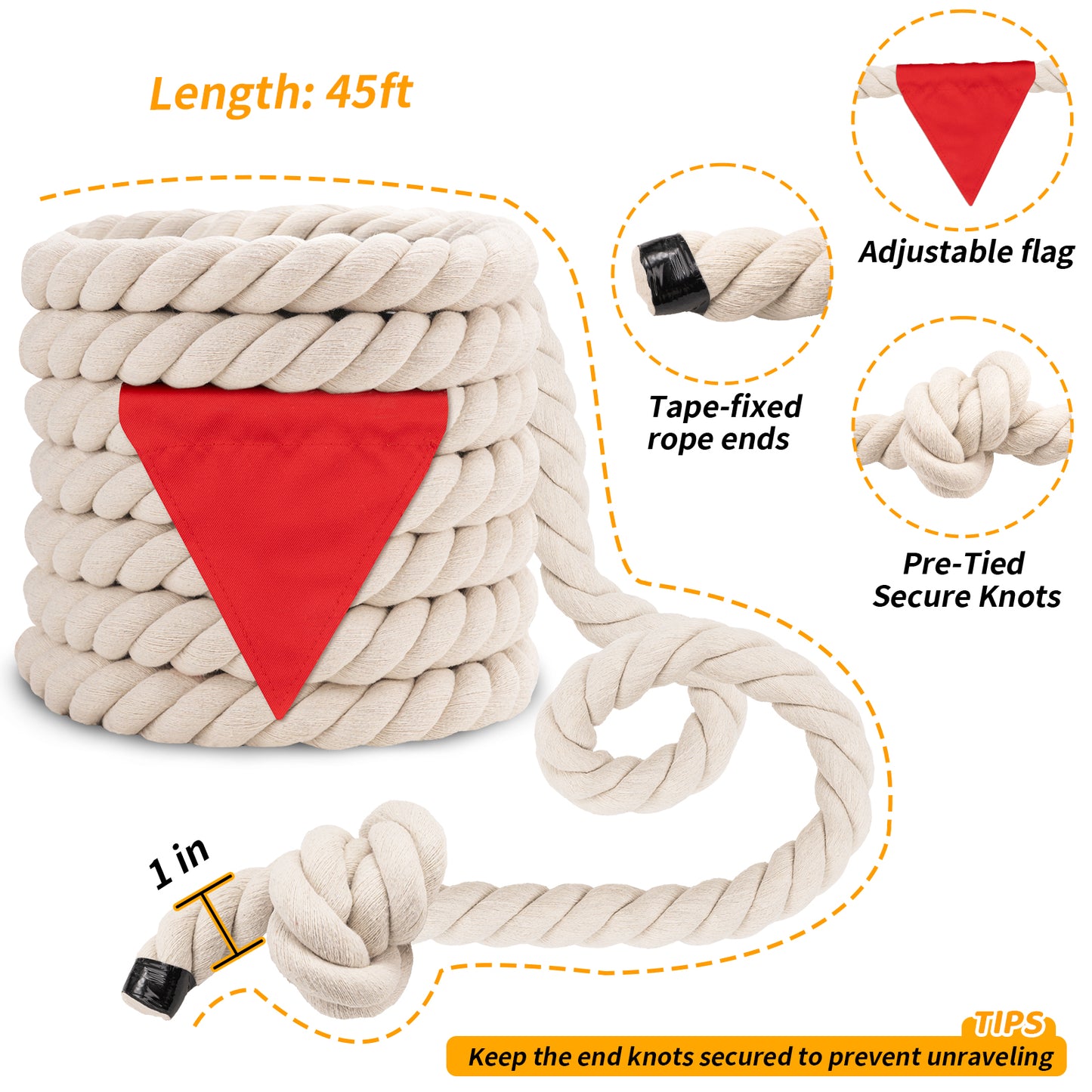 Tug of War Rope for Kids & Adults - 20ft Soft Cotton Outdoor Pulling Rope with Flag for Team Building Activities Field Day Family Reunions Birthday Parties Camping Games- Orange