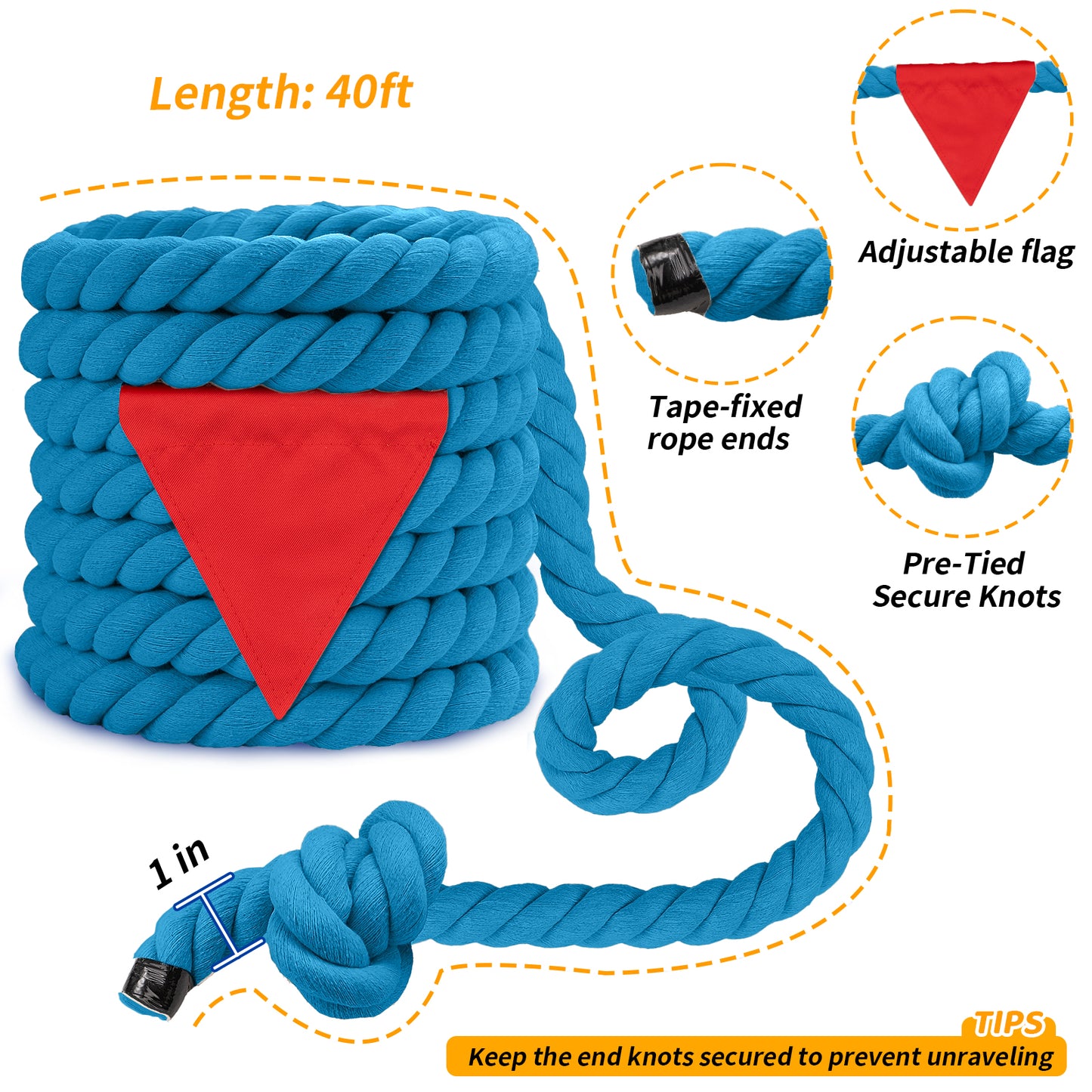 Tug of War Rope for Kids & Adults - 20ft Soft Cotton Outdoor Pulling Rope with Flag for Team Building Activities Field Day Family Reunions Birthday Parties Camping Games- Orange
