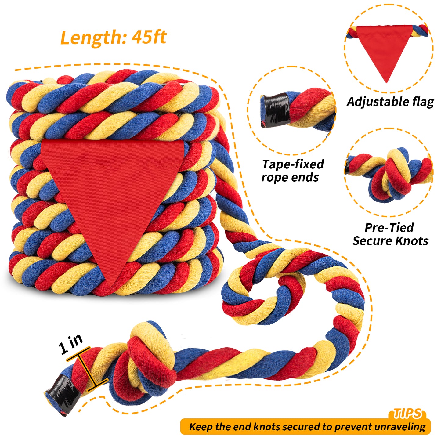 Tug of War Rope for Kids & Adults - 20ft Soft Cotton Outdoor Pulling Rope with Flag for Team Building Activities Field Day Family Reunions Birthday Parties Camping Games- Orange