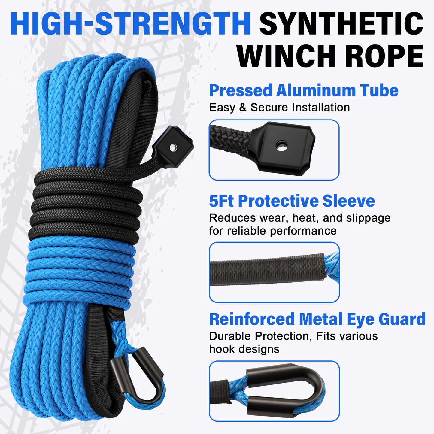 Synthetic Winch Rope Kit - 1/4" x 50' 10000 lbs Synthetic Winch Cable for ATV UTV Off-Road Vehicles with Forged Hook, Rubber Stopper, Protective Sleeve and Safety Pull Strap - Grey