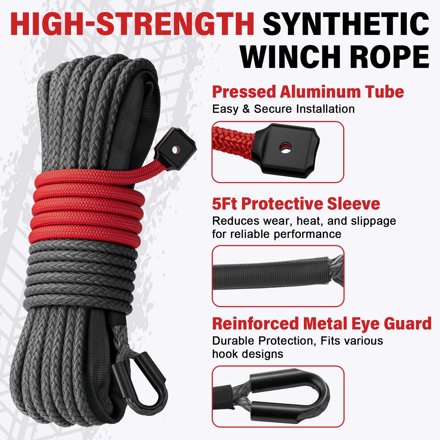 Synthetic Winch Rope Kit - 1/4" x 50' 10000 lbs Synthetic Winch Cable for ATV UTV Off-Road Vehicles with Forged Hook, Rubber Stopper, Protective Sleeve and Safety Pull Strap - Grey
