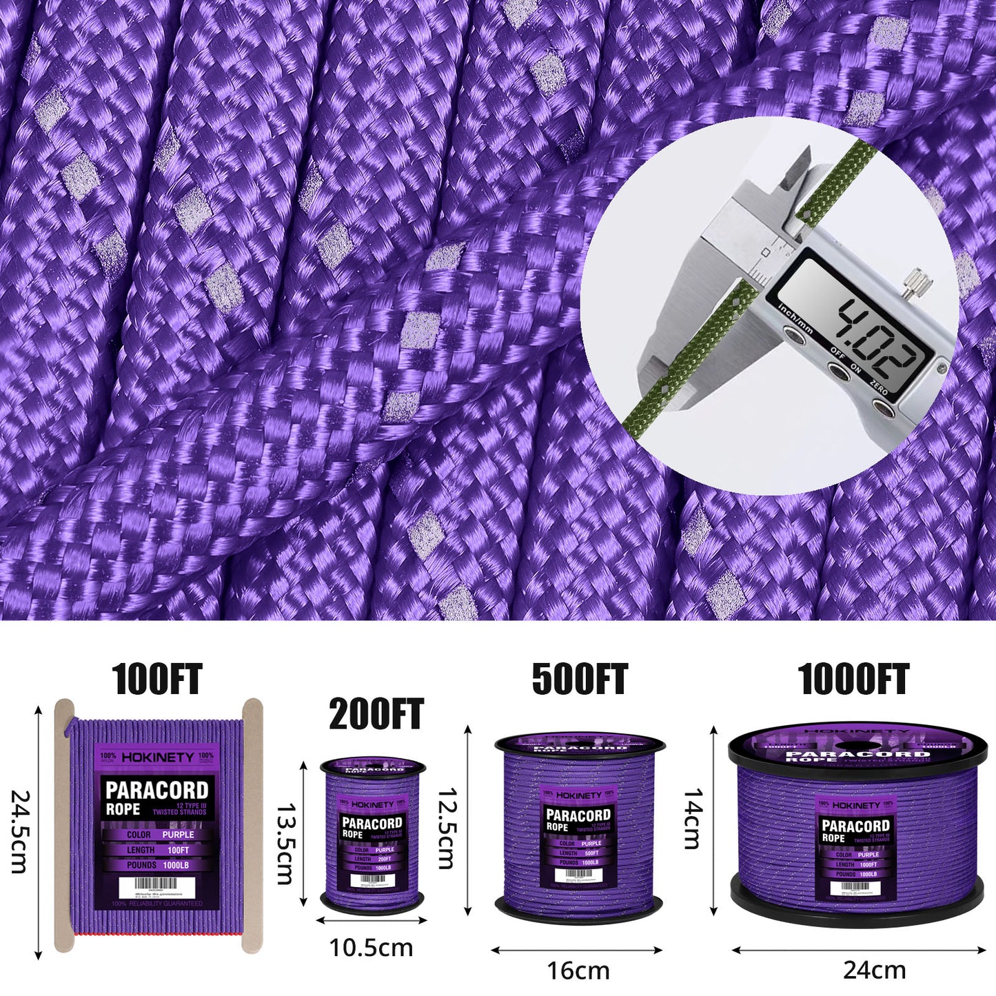 Reflective Paracord Rope 1000Ib - 100ft / 200ft / 500ft / 1000ft 4mm 12 Strand para Cords Lanyard Utility Parachute Cord for Tent Camping Hiking Fishing Survival Tactical Clothesline DIY Projects