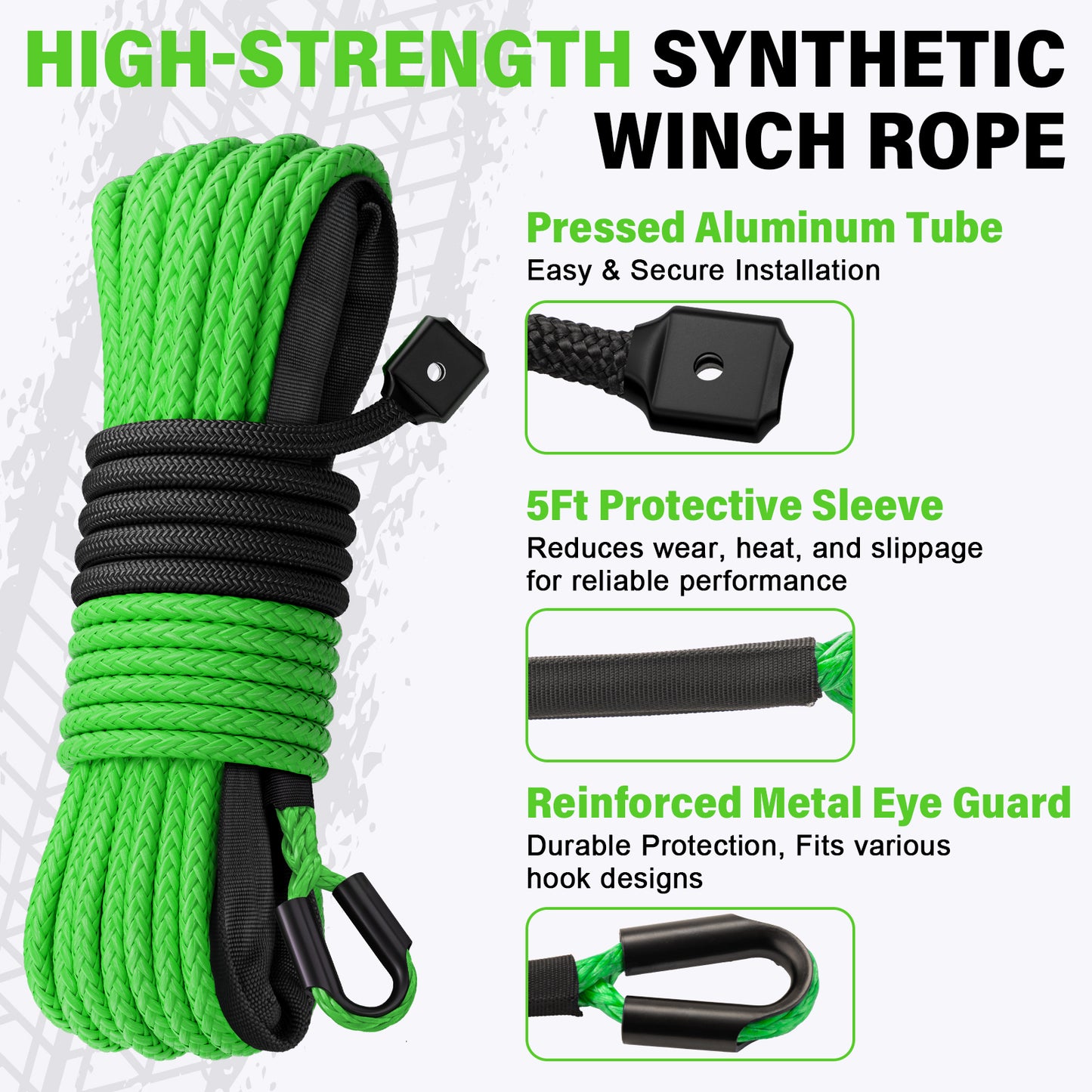 Synthetic Winch Rope Kit - 1/4" x 50' 10000 lbs Synthetic Winch Cable for ATV UTV Off-Road Vehicles with Forged Hook, Rubber Stopper, Protective Sleeve and Safety Pull Strap - Grey