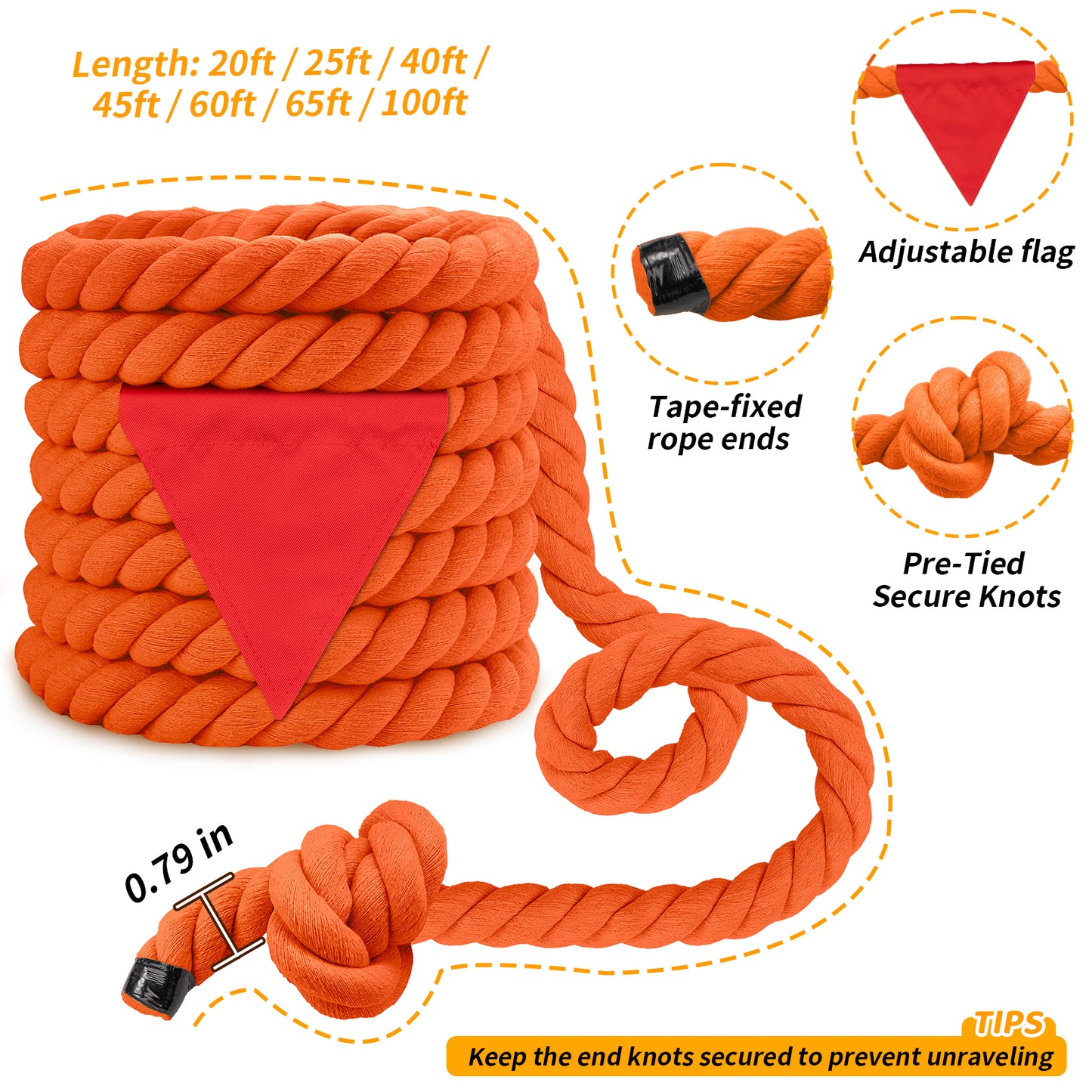 Tug of War Rope for Kids & Adults - 20ft Soft Cotton Outdoor Pulling Rope with Flag for Team Building Activities Field Day Family Reunions Birthday Parties Camping Games- Orange