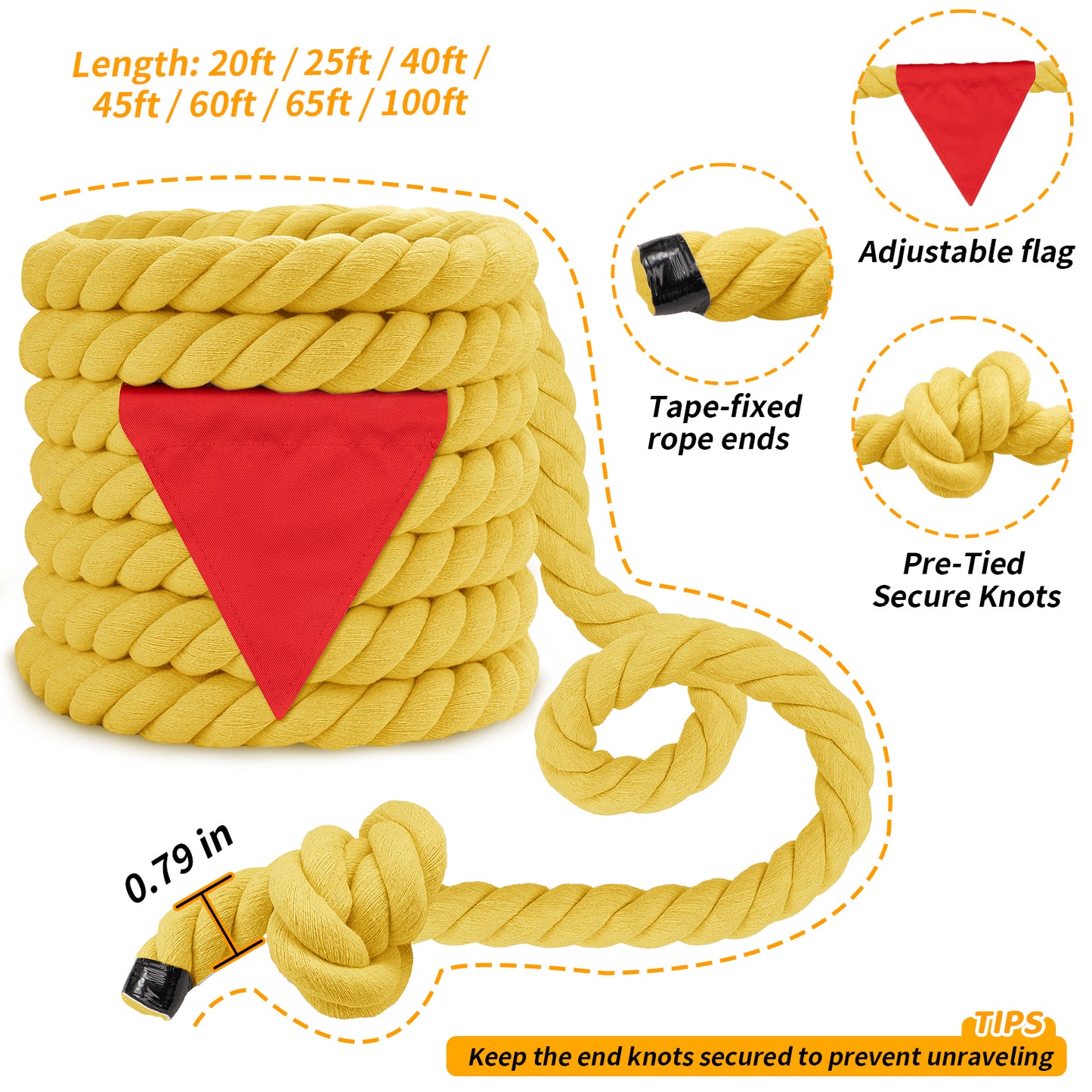 Tug of War Rope for Kids & Adults - 20ft Soft Cotton Outdoor Pulling Rope with Flag for Team Building Activities Field Day Family Reunions Birthday Parties Camping Games- Orange