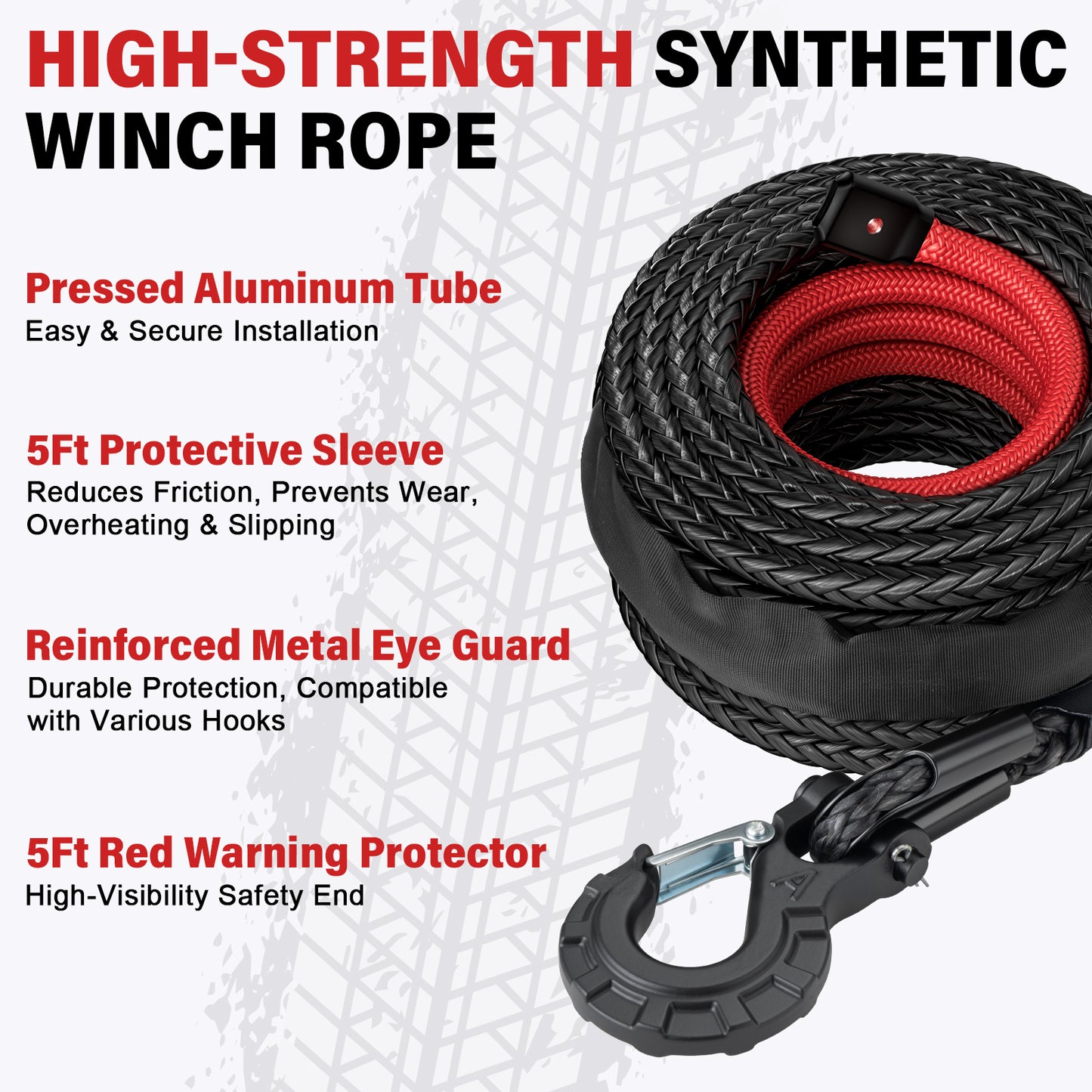 Synthetic Winch Rope Kit - 1/4" x 50' 10000 lbs Synthetic Winch Cable for ATV UTV Off-Road Vehicles with Forged Hook, Rubber Stopper, Protective Sleeve and Safety Pull Strap - Grey