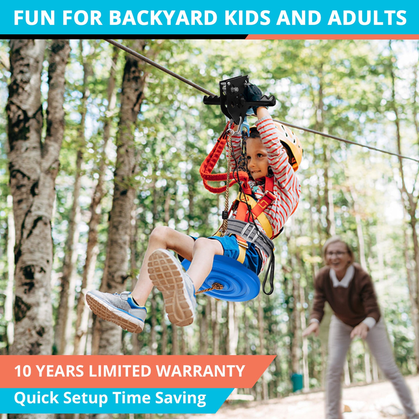 Zip Line Kit for Kids Adults : 76FT/100FT/120FT/ 150FT/ 200FT/ 250FT Quick Setup Zipline for Backyard Outdoor with 100% Rust Proof Removable Trolley Ratchet System Swing Seat Safety Belt Spring Brake