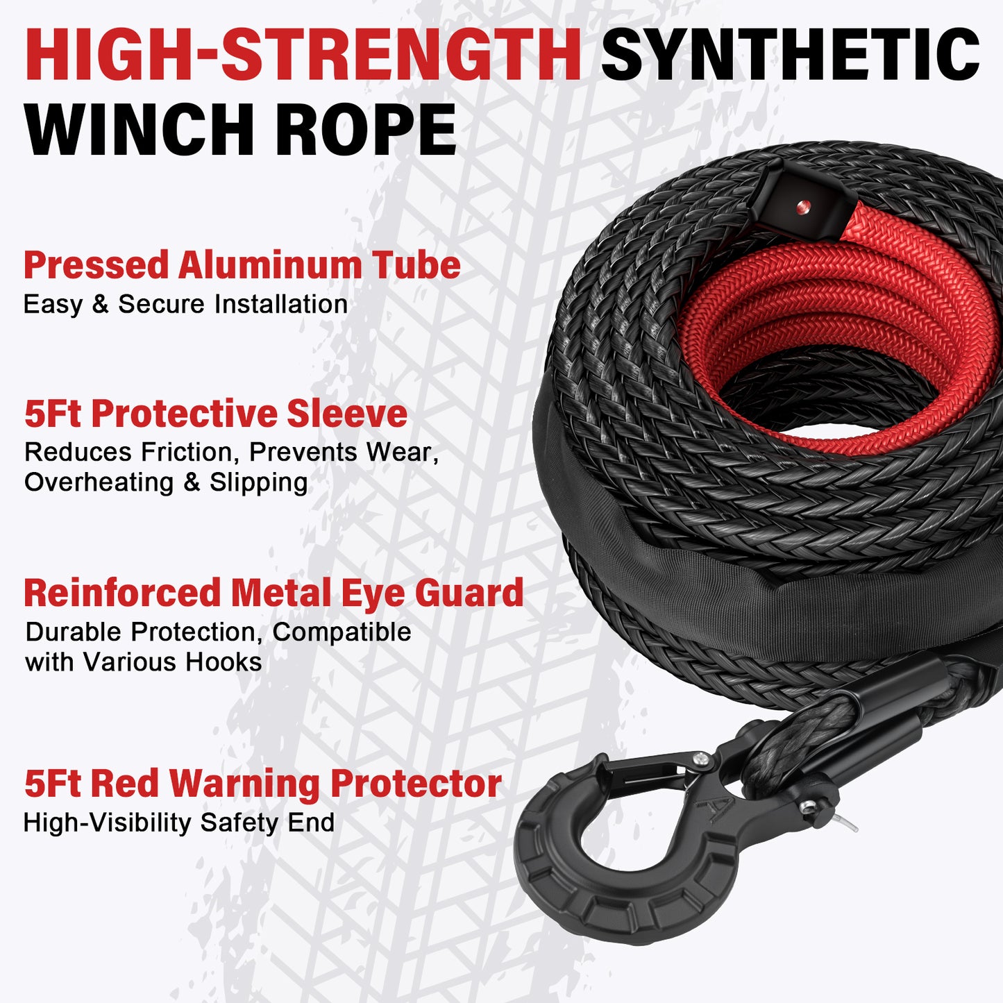 Synthetic Winch Rope Kit - 1/4" x 50' 10000 lbs Synthetic Winch Cable for ATV UTV Off-Road Vehicles with Forged Hook, Rubber Stopper, Protective Sleeve and Safety Pull Strap - Grey