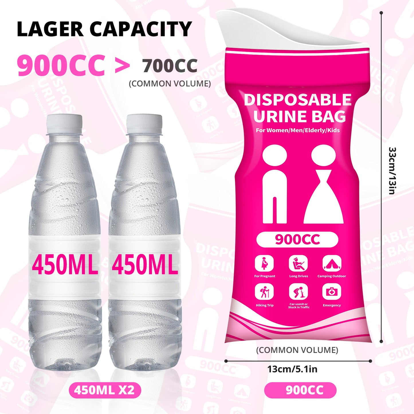 Disposable Urine Bag for Travel - 900ML Portable Pee Bags for Women Men 12 PCS Emergency Vomit Bags Unisex Toilet Urinal for Car Camping, Road Trip,Traffic Jams, Pregnant, Kids, Patient - Fuchsia