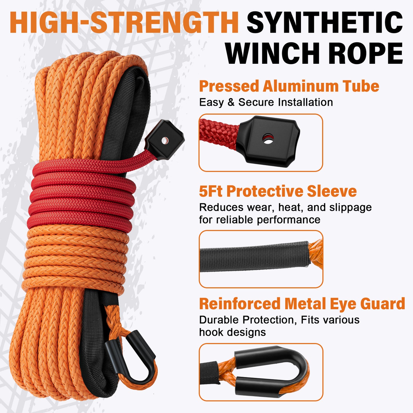 Synthetic Winch Rope Kit - 1/4" x 50' 10000 lbs Synthetic Winch Cable for ATV UTV Off-Road Vehicles with Forged Hook, Rubber Stopper, Protective Sleeve and Safety Pull Strap - Grey