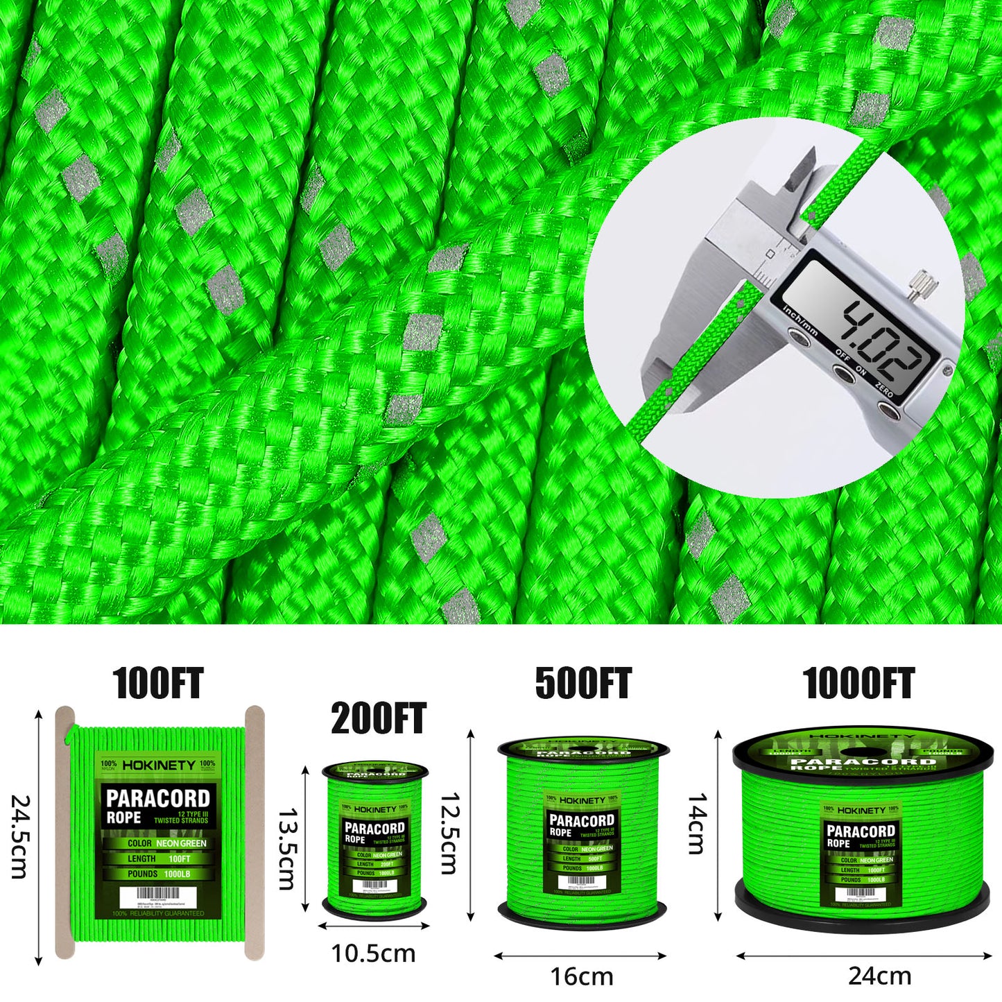 Reflective Paracord Rope 1000Ib - 100ft / 200ft / 500ft / 1000ft 4mm 12 Strand para Cords Lanyard Utility Parachute Cord for Tent Camping Hiking Fishing Survival Tactical Clothesline DIY Projects