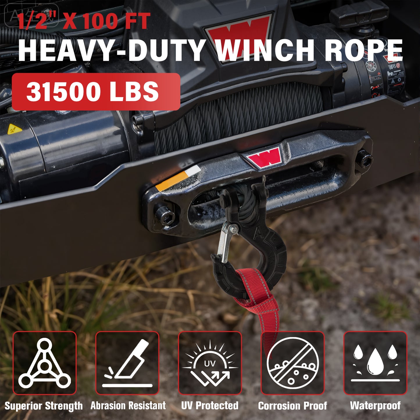 Synthetic Winch Rope Kit - 1/4" x 50' 10000 lbs Synthetic Winch Cable for ATV UTV Off-Road Vehicles with Forged Hook, Rubber Stopper, Protective Sleeve and Safety Pull Strap - Grey