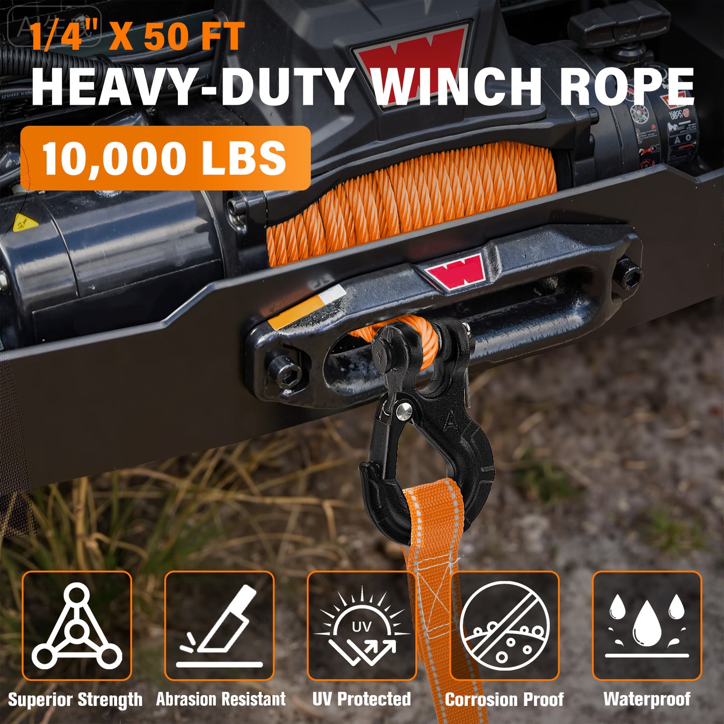 Synthetic Winch Rope Kit - 1/4" x 50' 10000 lbs Synthetic Winch Cable for ATV UTV Off-Road Vehicles with Forged Hook, Rubber Stopper, Protective Sleeve and Safety Pull Strap - Grey